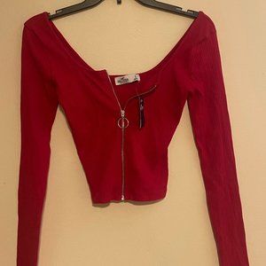Red Zipper Front Square Cut Long Sleeve Hollister